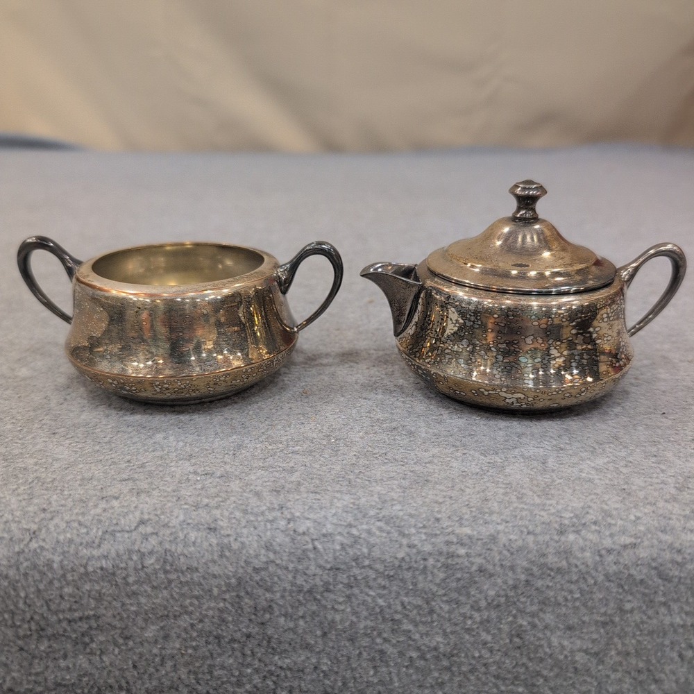 Vintage Stacking Silverplate Teapot and Sugar Bowl Set Wolf Crown Hallmarks - Picture 2 of 9